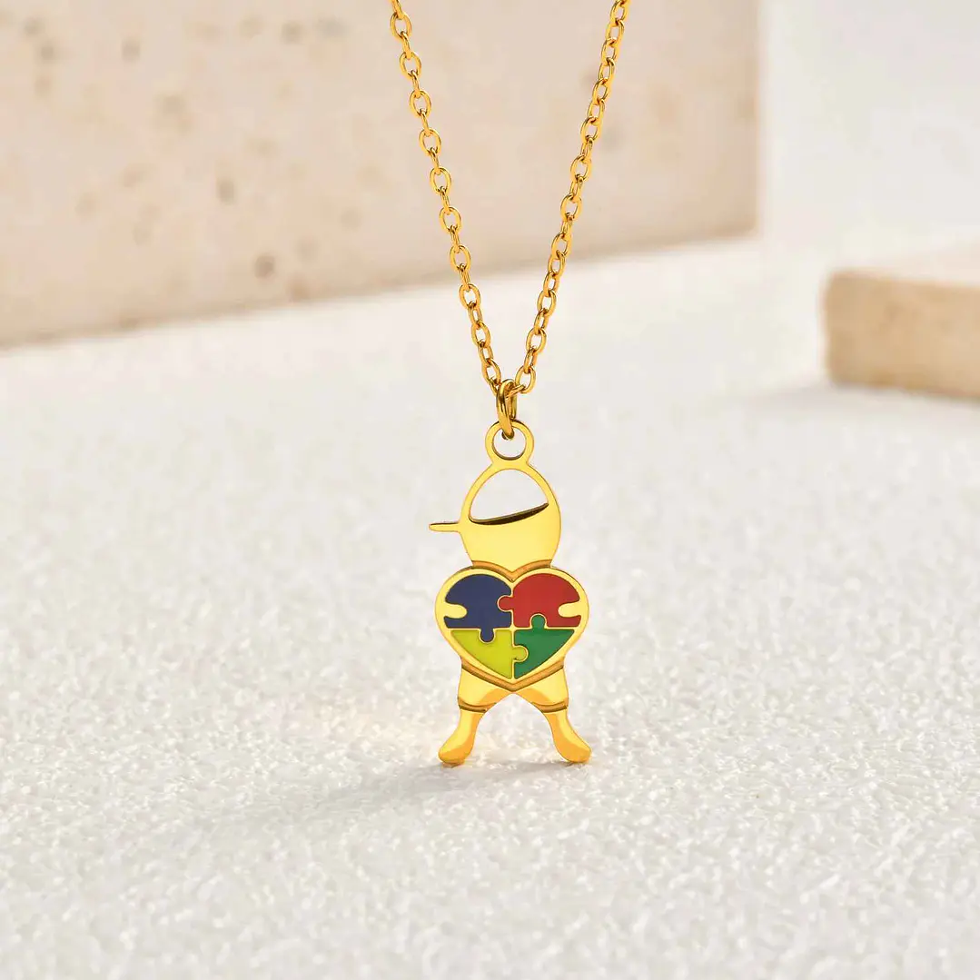 Colar Consciencialização | Menino com Puzzle | Aço Inoxidável Hipoalergênico Dourado 6