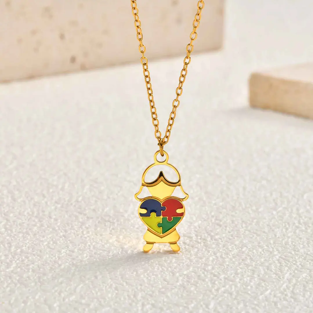Colar Consciencialização | Menino com Puzzle | Aço Inoxidável Hipoalergênico Dourado 7