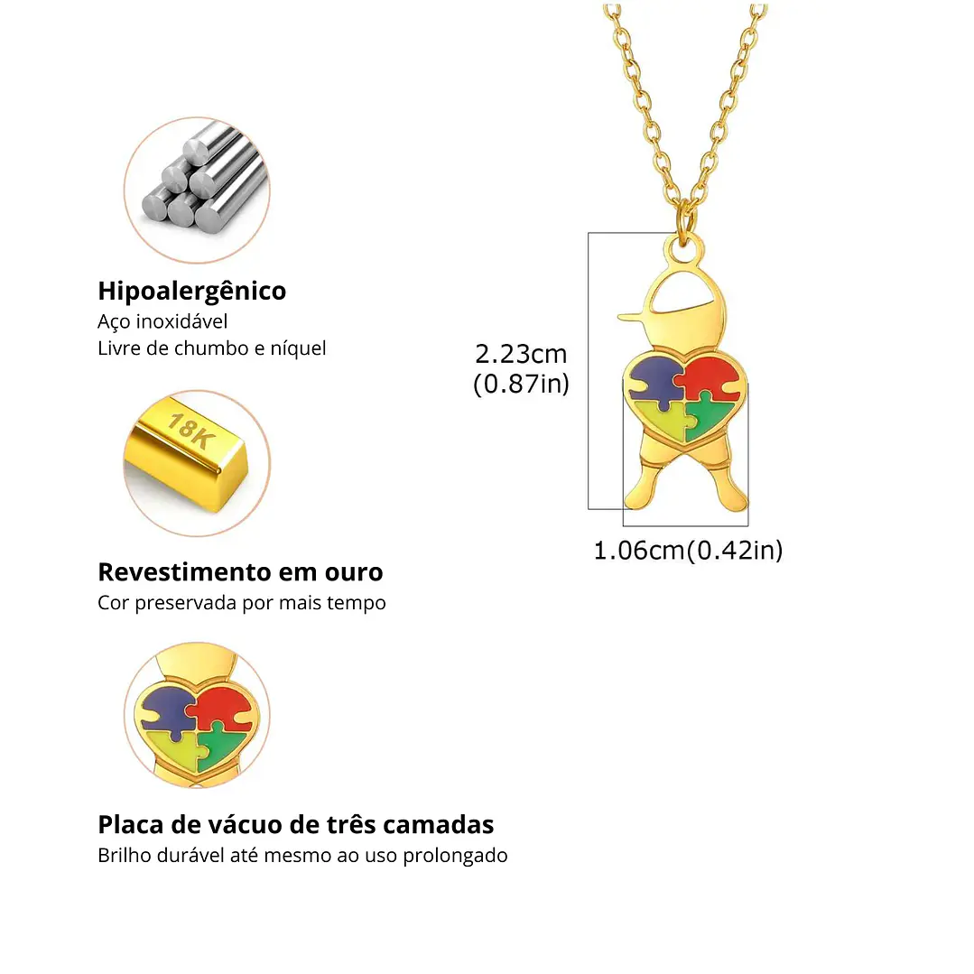 Colar Consciencialização | Menino com Puzzle | Aço Inoxidável Hipoalergênico Dourado 8
