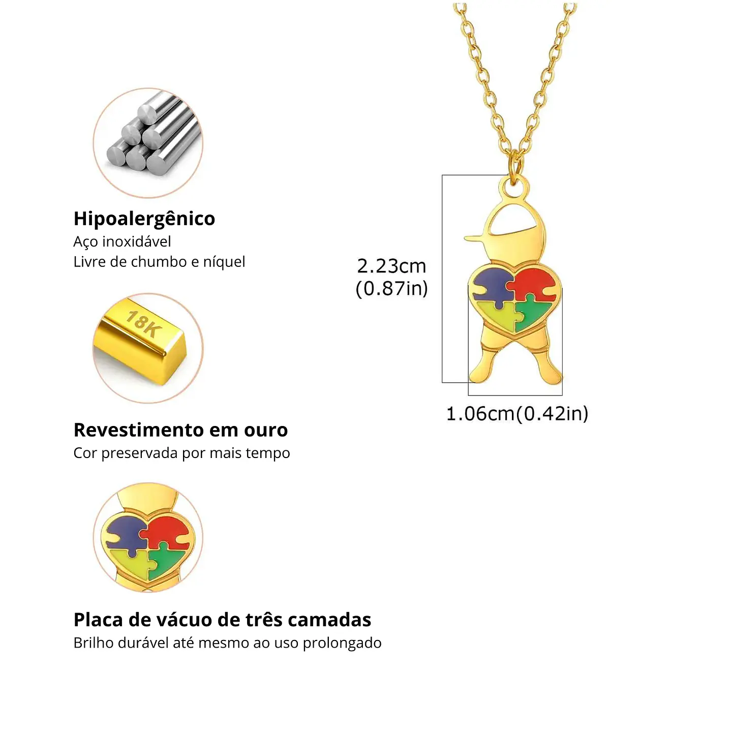 Colar Consciencialização | Menino com Puzzle | Aço Inoxidável Hipoalergênico Dourado 8