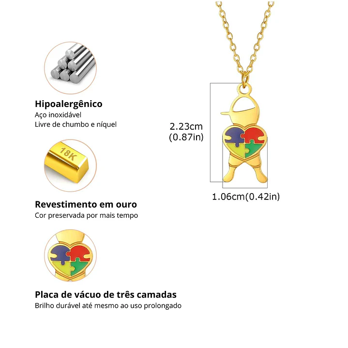 Colar Consciencialização | Menino com Puzzle | Aço Inoxidável Hipoalergênico Dourado 8