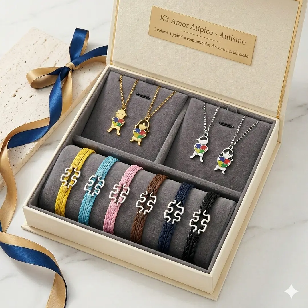 Kit Presente Amor Atípico - Autismo | 01 Pulseira + 01 Colar Simbolos da Consciencialização 2
