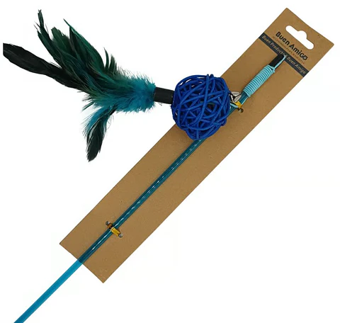 Varilla para Gato con Pelota de mimbre y Plumas Azul