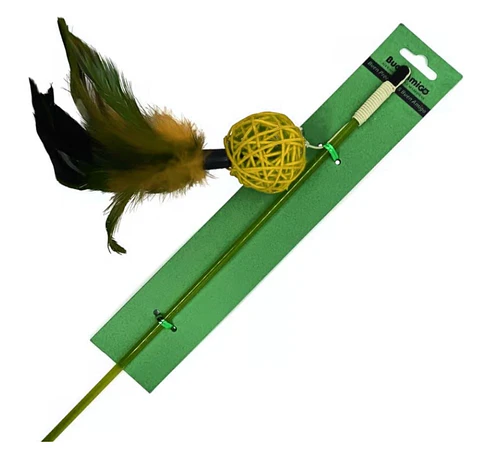 Varilla para Gato con Pelota de mimbre y Plumas Amarilla