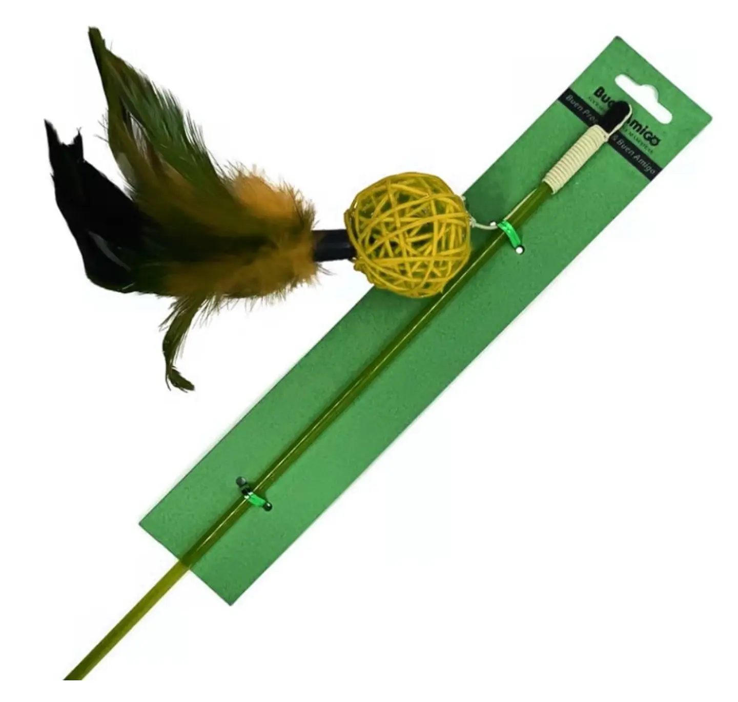 Varilla para Gato con Pelota de mimbre y Plumas Amarilla 1