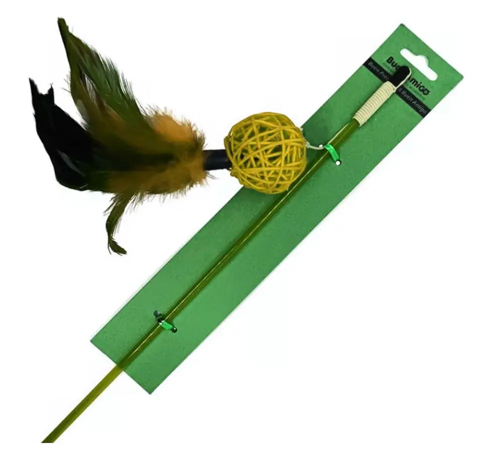 Varilla para Gato con Pelota de mimbre y Plumas Amarilla 1
