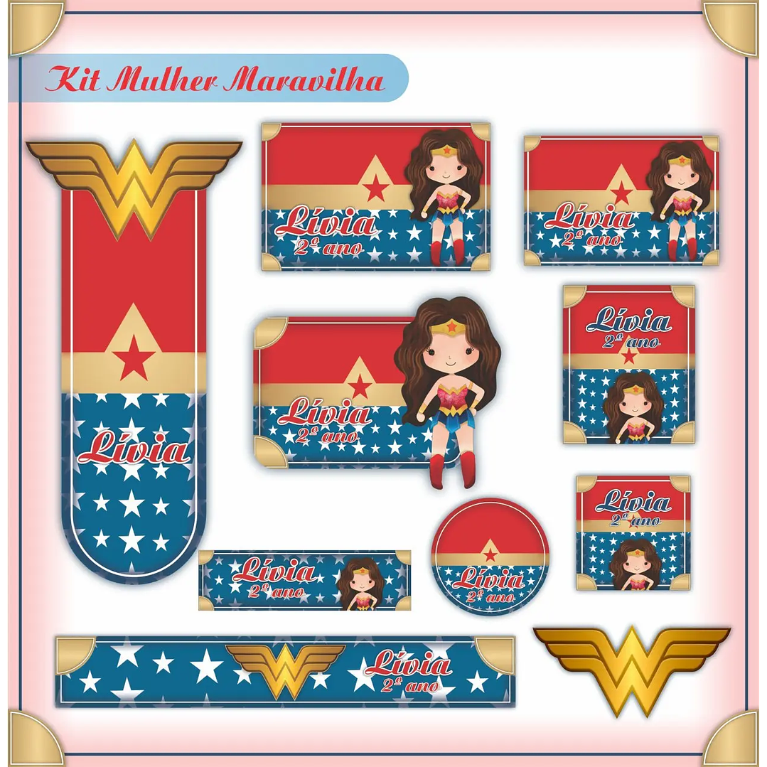 Arquivo de Corte Etiqueta Escolar Mulher Maravilha 1