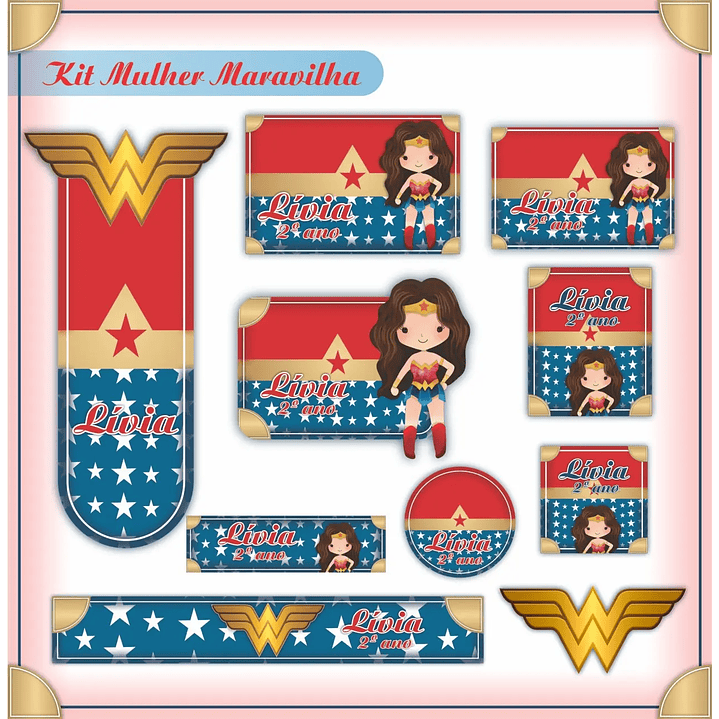 Arquivo de Corte Etiqueta Escolar Mulher Maravilha 1