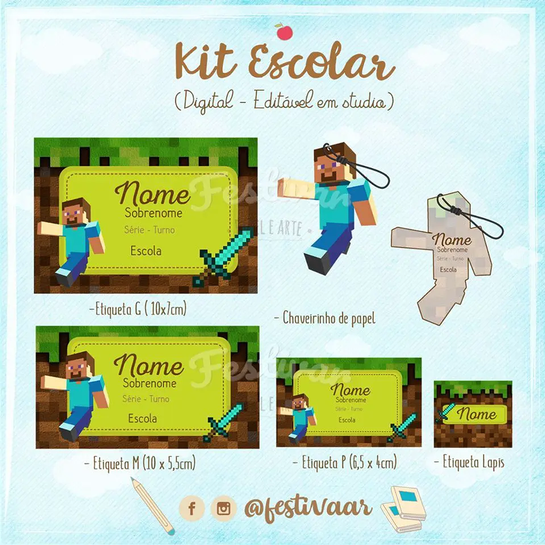 Arquivo de Corte Etiqueta Escolar Minecraft 1