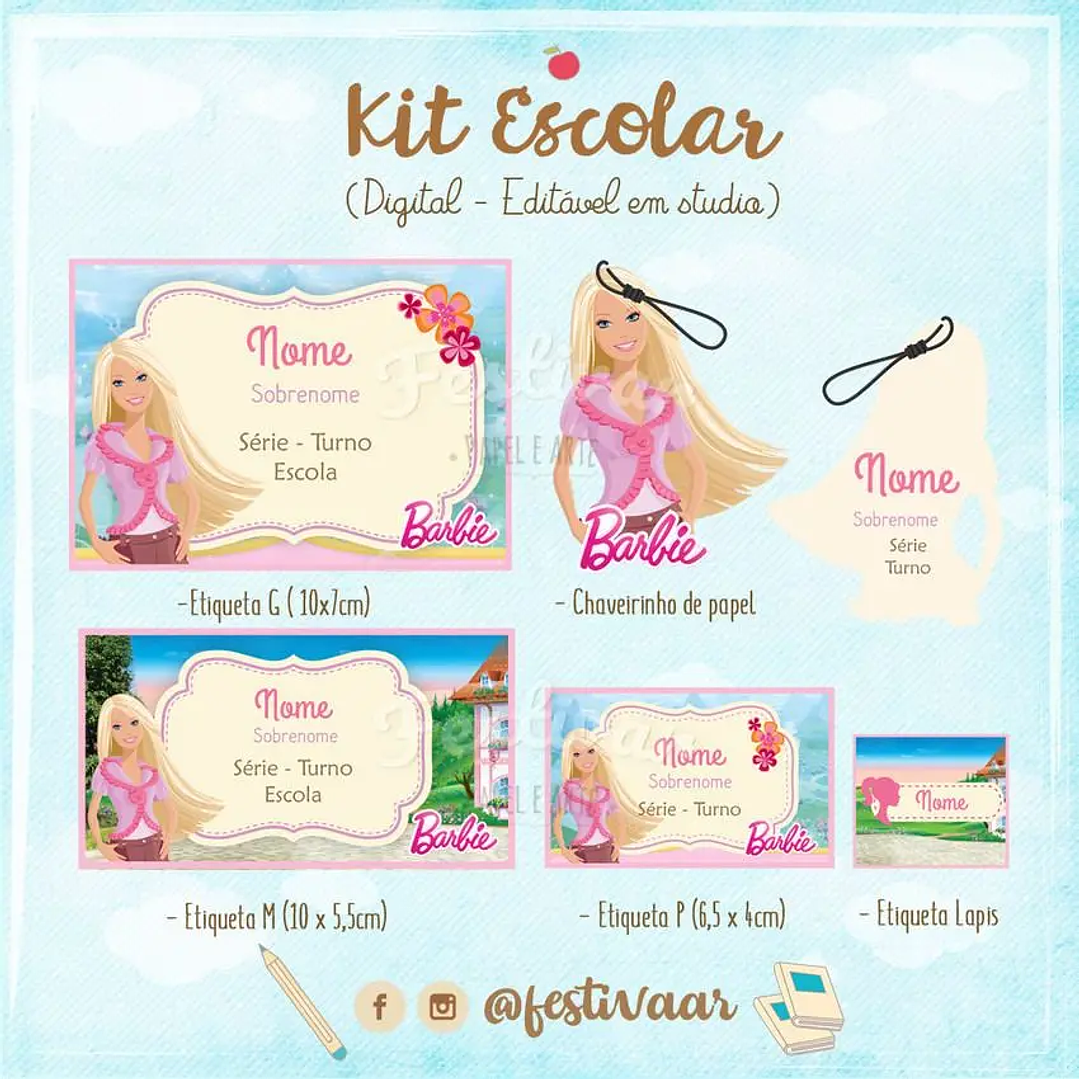 Arquivo de Corte Etiqueta Escolar Barbie 1