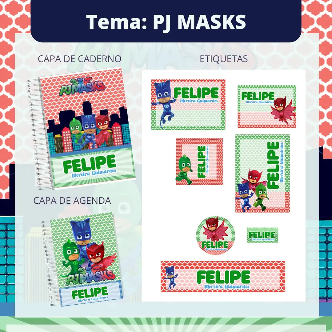 Arquivo de Corte Etiqueta Escolar  PJ Masks 1