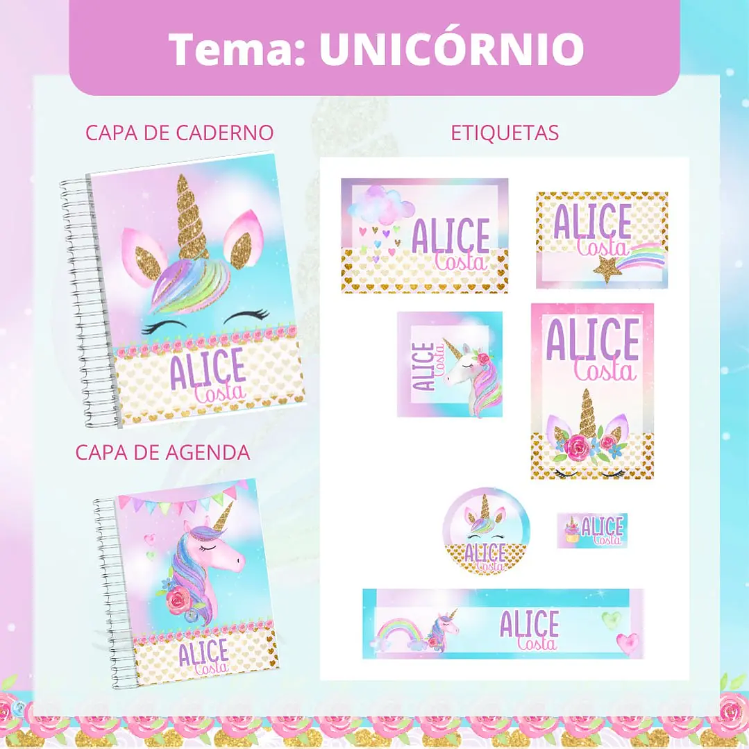 Arquivo de Corte Etiqueta Escolar Unicórnio 1