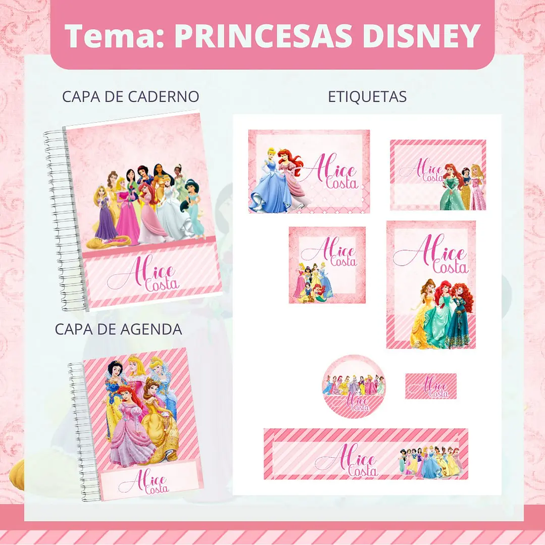Arquivo de Corte Etiqueta Escolar Princesas Disney 1