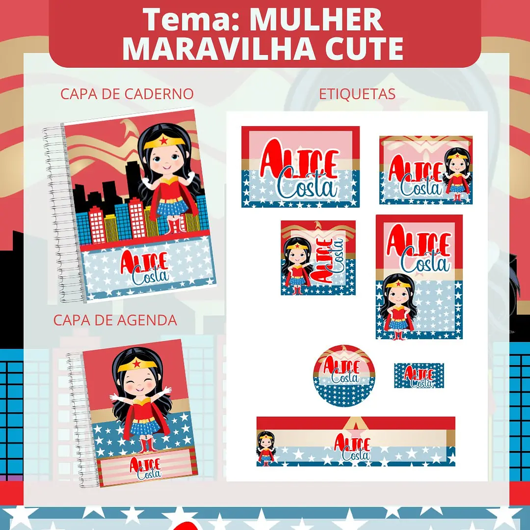 Arquivo de Corte Etiqueta Escolar Mulher Maravilha Cute 1