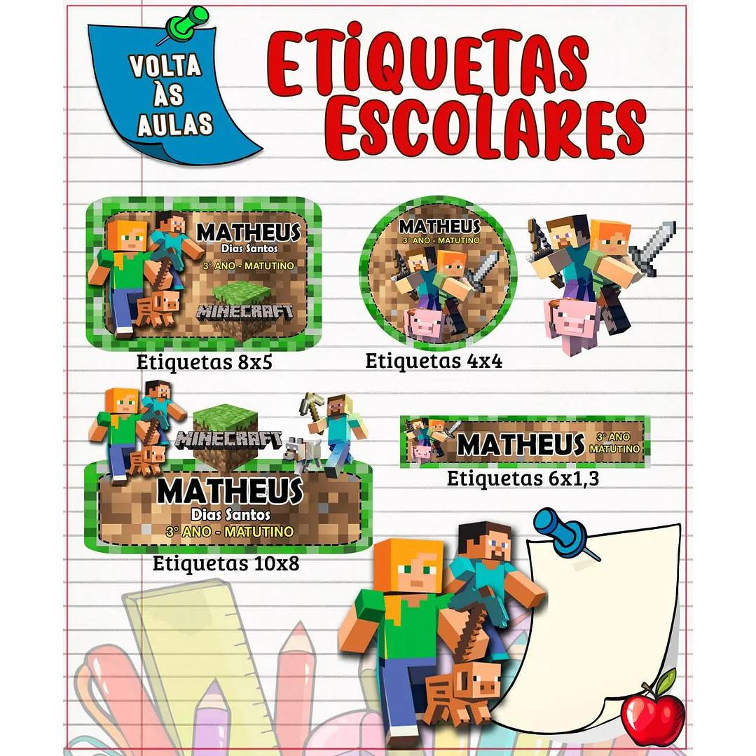 Arquivo de Corte Etiqueta Escolar Minecraft  1