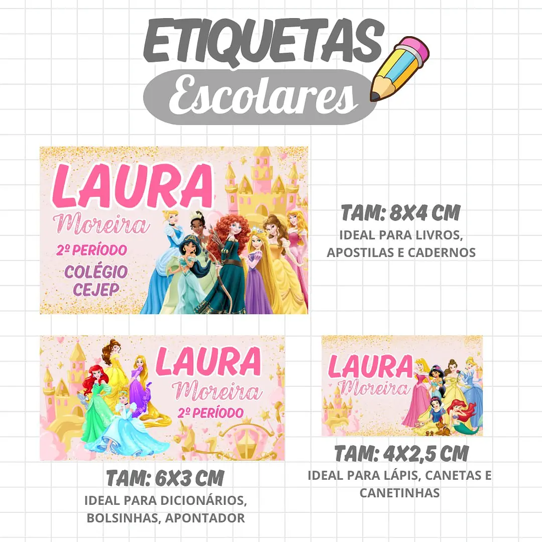 Arquivo de Corte Etiqueta Escolar Princesas Disney 1