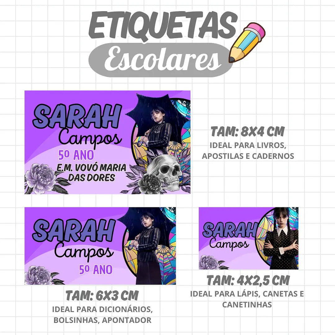 Arquivo de Corte Etiqueta Escolar Wandinha 1