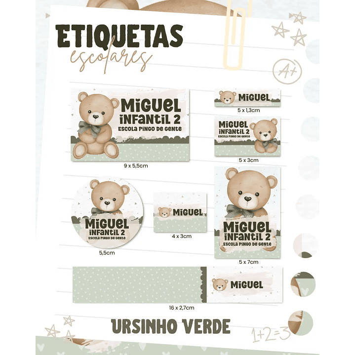 Arquivo de Corte Etiqueta Escolar Ursinho Verde 1