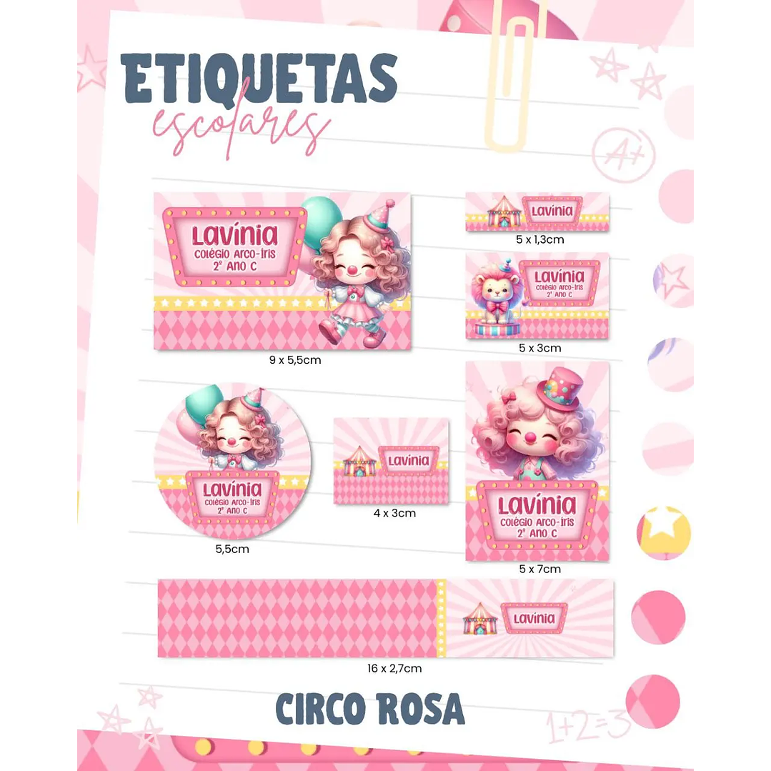 Arquivo de Corte Etiqueta Escolar Circo Rosa 1