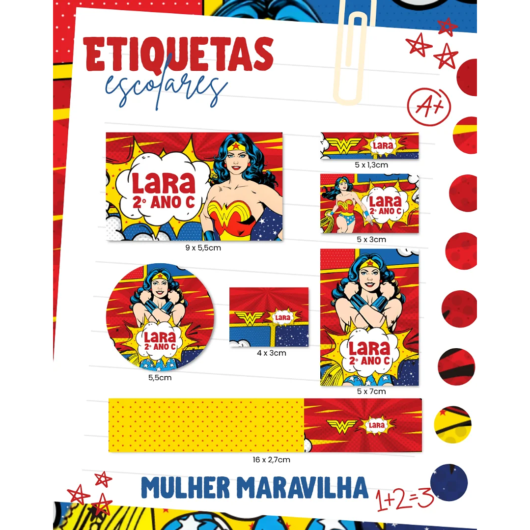 Arquivo de Corte Etiqueta Escolar Mulher Maravilha 1