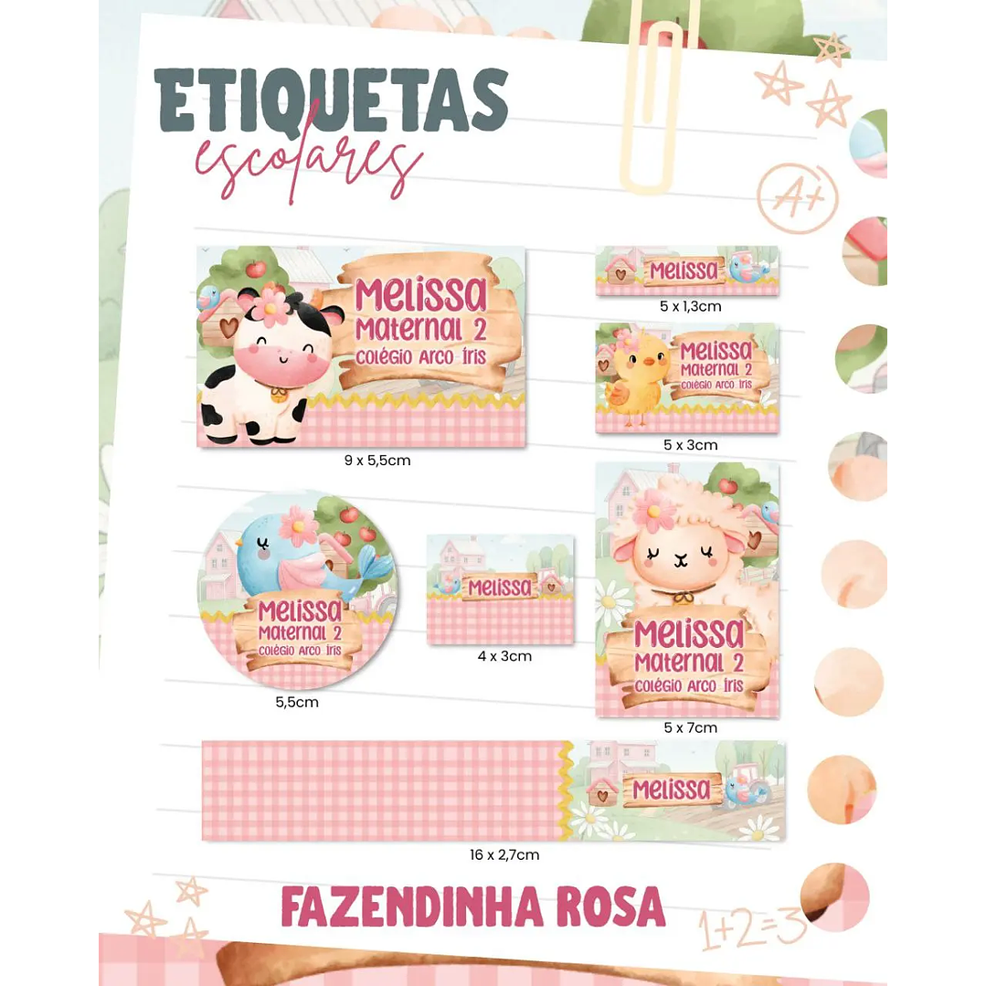 Arquivo de Corte Etiqueta Escolar Fazendinha Rosa 1