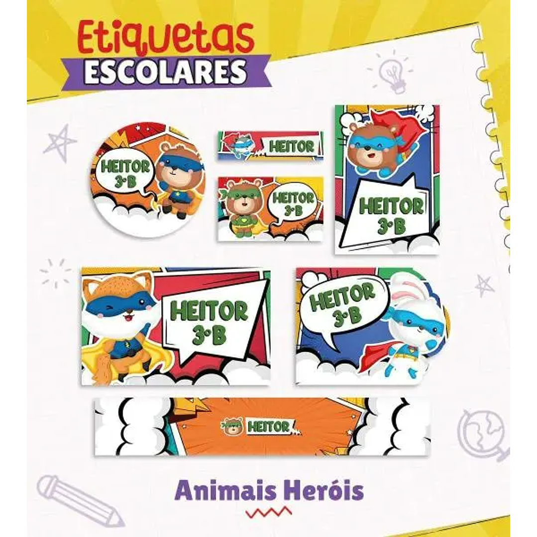 Arquivo de Corte Etiqueta Escolar Animais Heróis  1