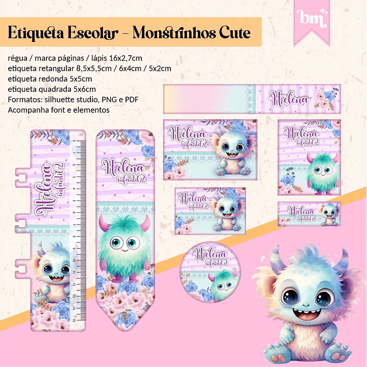 Arquivo de Corte Etiqueta Escolar Monstrinhos Cute 1