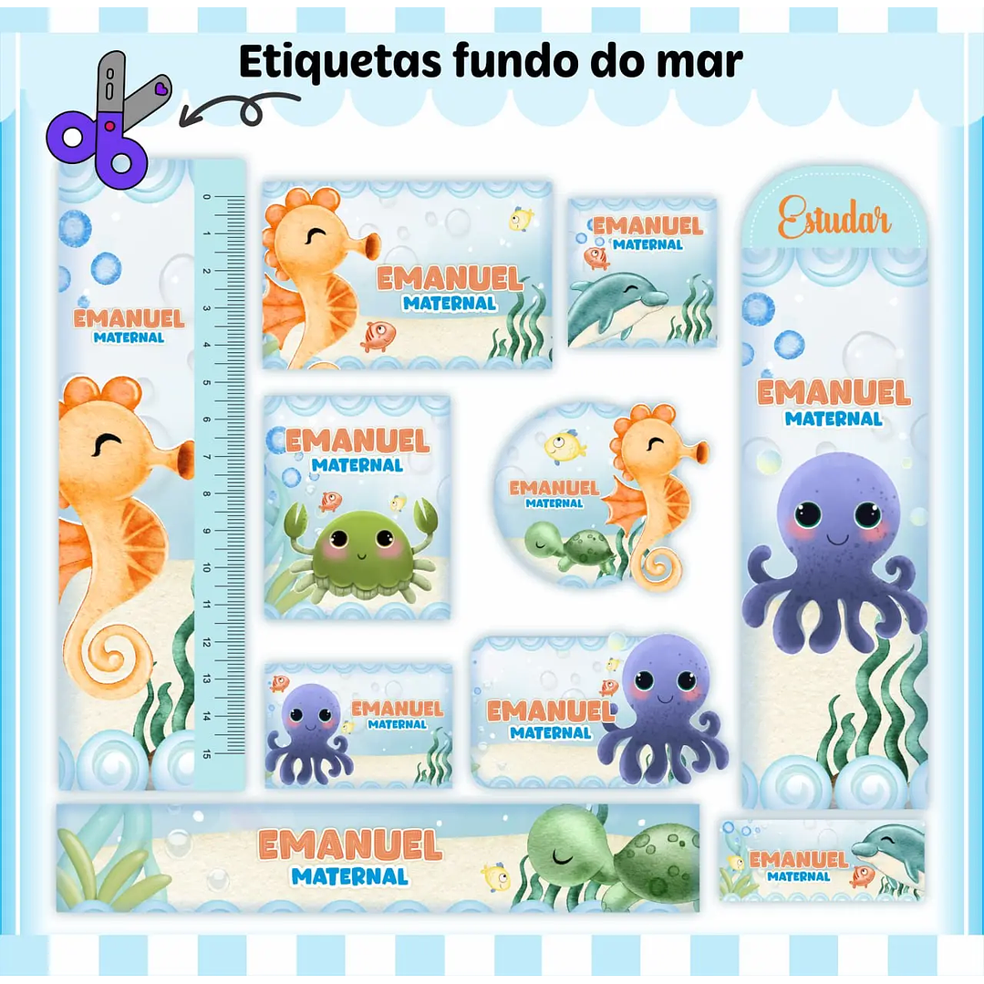 Arquivo de Corte Etiqueta Escolar Fundo do Mar 1
