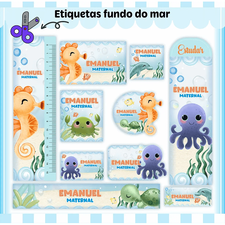Arquivo de Corte Etiqueta Escolar Fundo do Mar 1