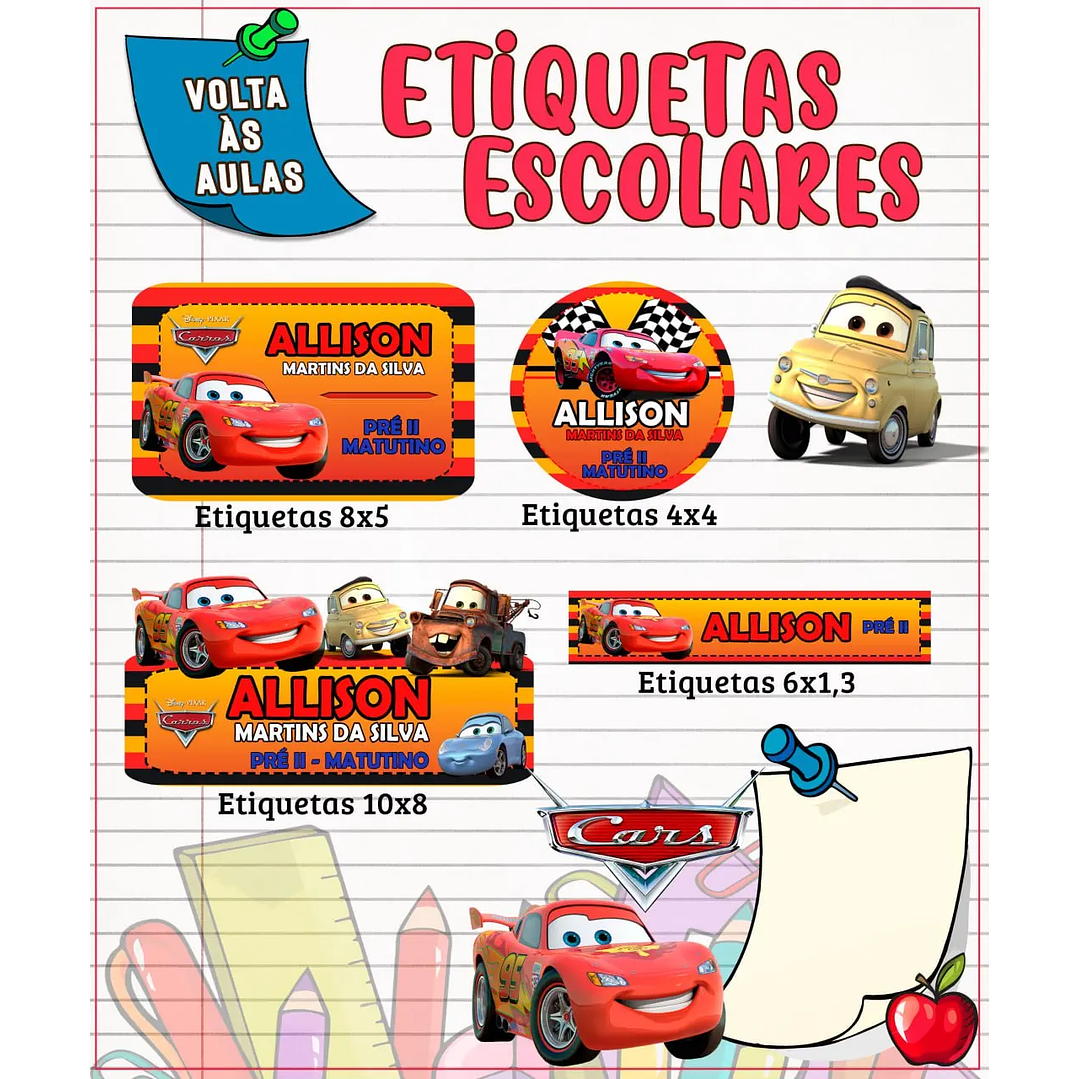 Arquivo de Corte Etiqueta Escolar Carros Disney 1