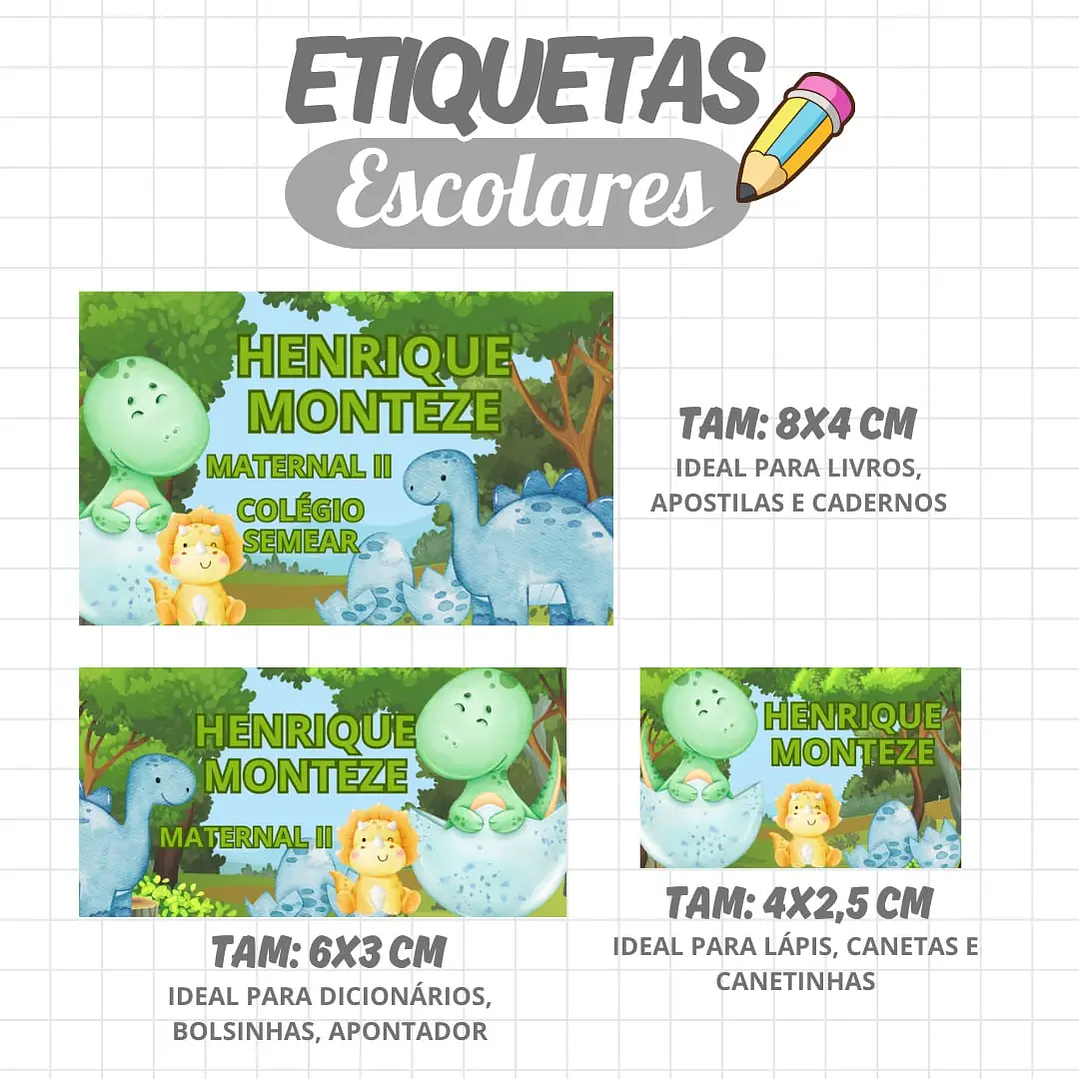 Arquivo de Corte Etiqueta Escolar Dinossauro  Cute 1