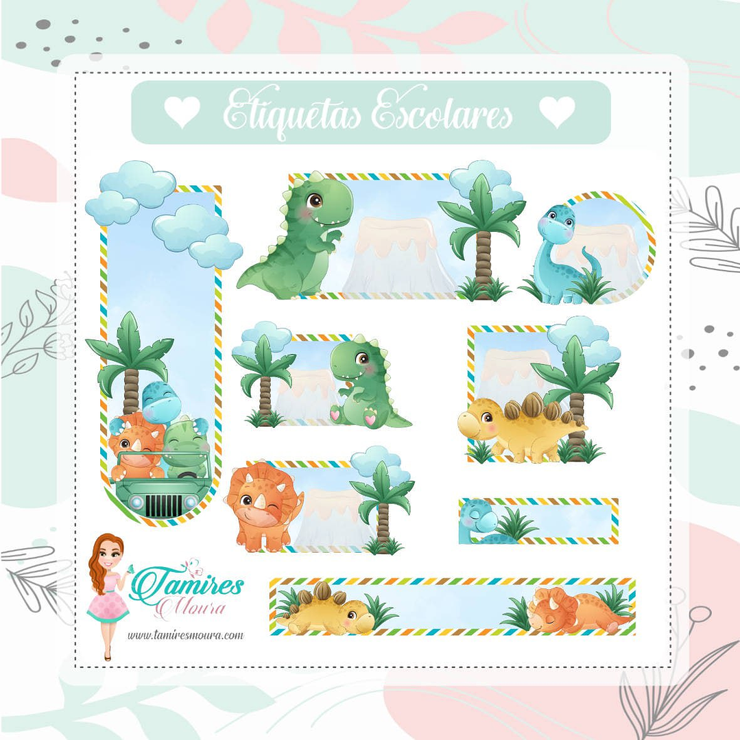 Arquivo de Corte Etiqueta Escolar Dinossauro Cute 1