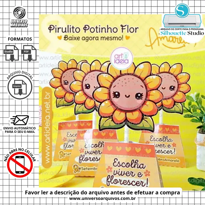 Arquivo de Corte Pirulito Potinho Flor Setembro Amarelo (Leia a Descrição) 1