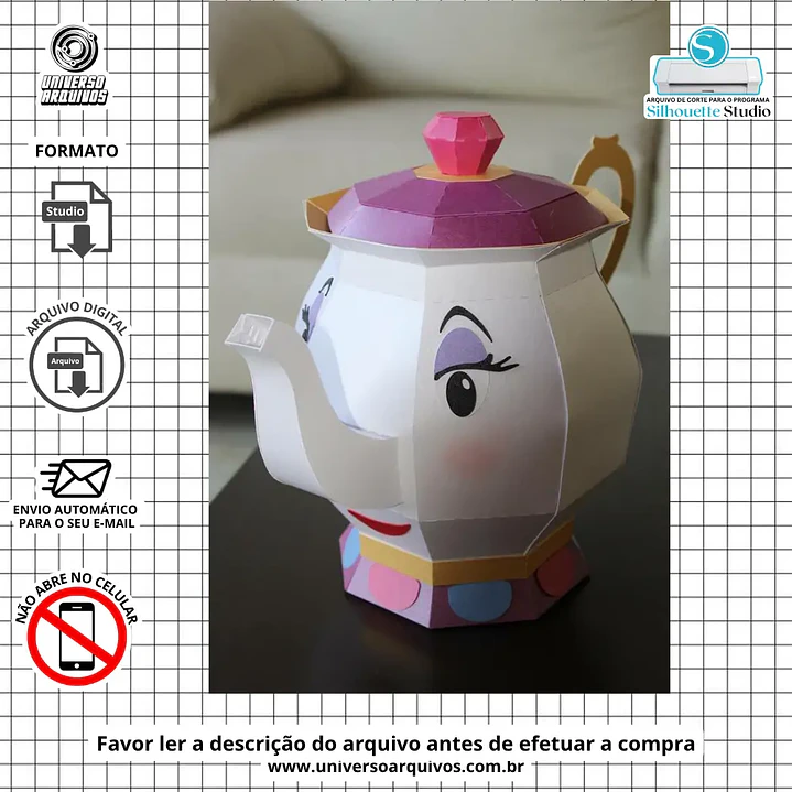 Arquivo de Corte Caixa 3D Bule A Bela e a Fera (Leia a Descrição) 1