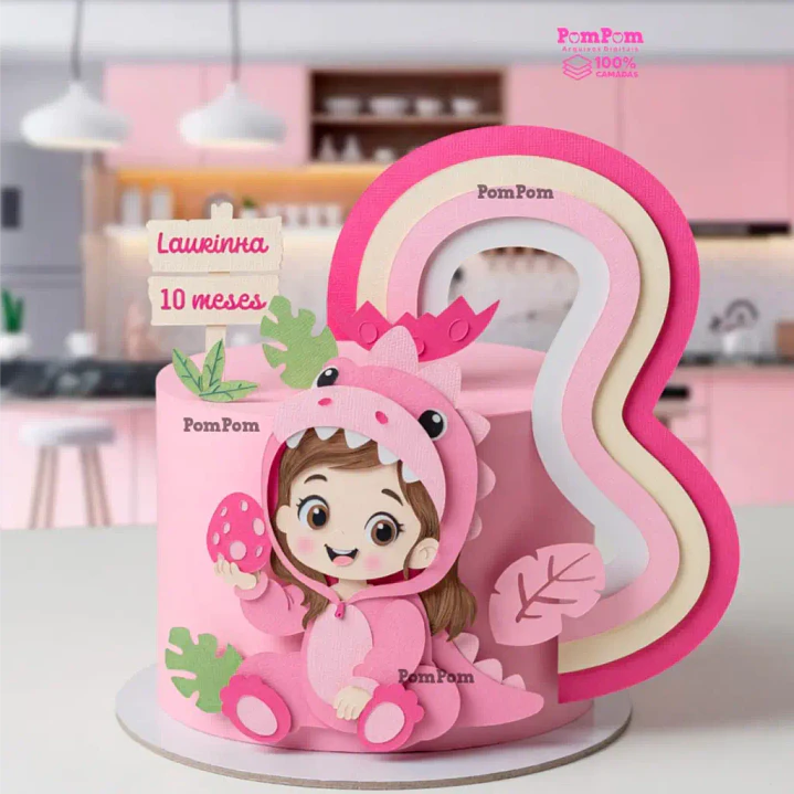 Arquivo de Corte Topo de Bolo Mesversário Dino Rosa | Studio + SVG + PDF 1