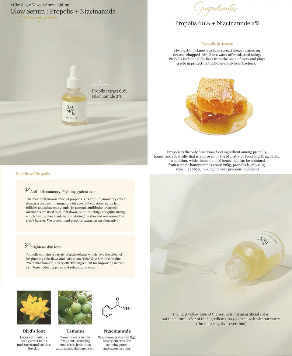 Glow Serum Propolis + Niacinamide (Beauty of Joseon) 30ml Tratamiento aclarante 60% propóleo 2% niacinamida, pieles mixtas y grasas 3