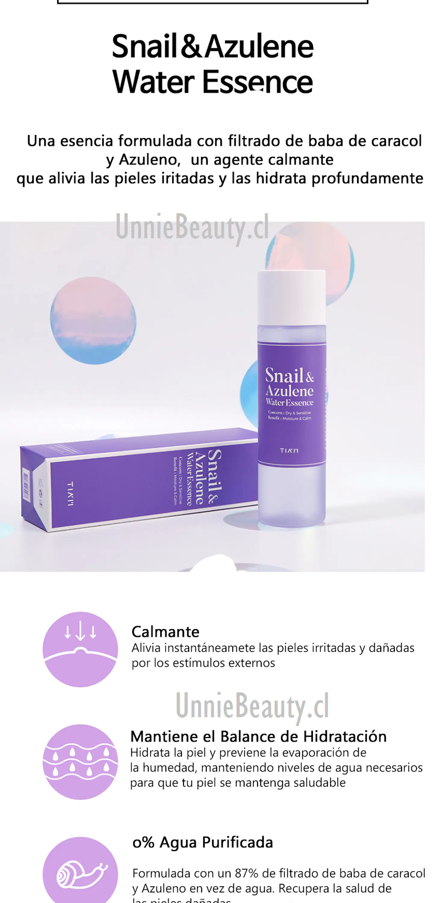 Snail & Azulene Water Essence (TIAM) - 180 ml Esencia 87% baba de caracol rosácea pieles sensibles 3