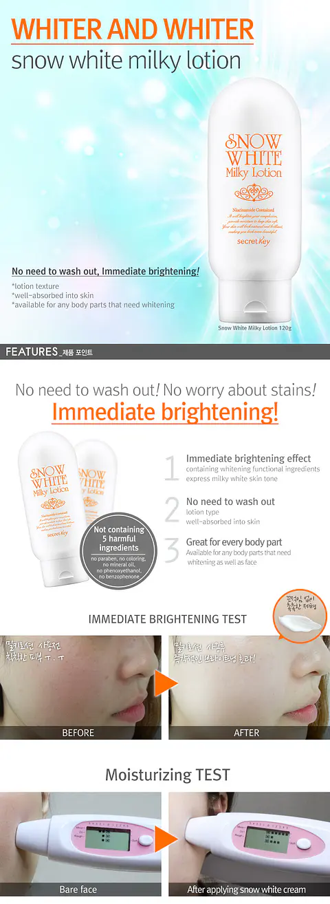 PRÓXIMAMENTE Snow White Milky Lotion (Secret Key) - 120 ml Loción aclarante para cuerpo y rostro pieles sensibles