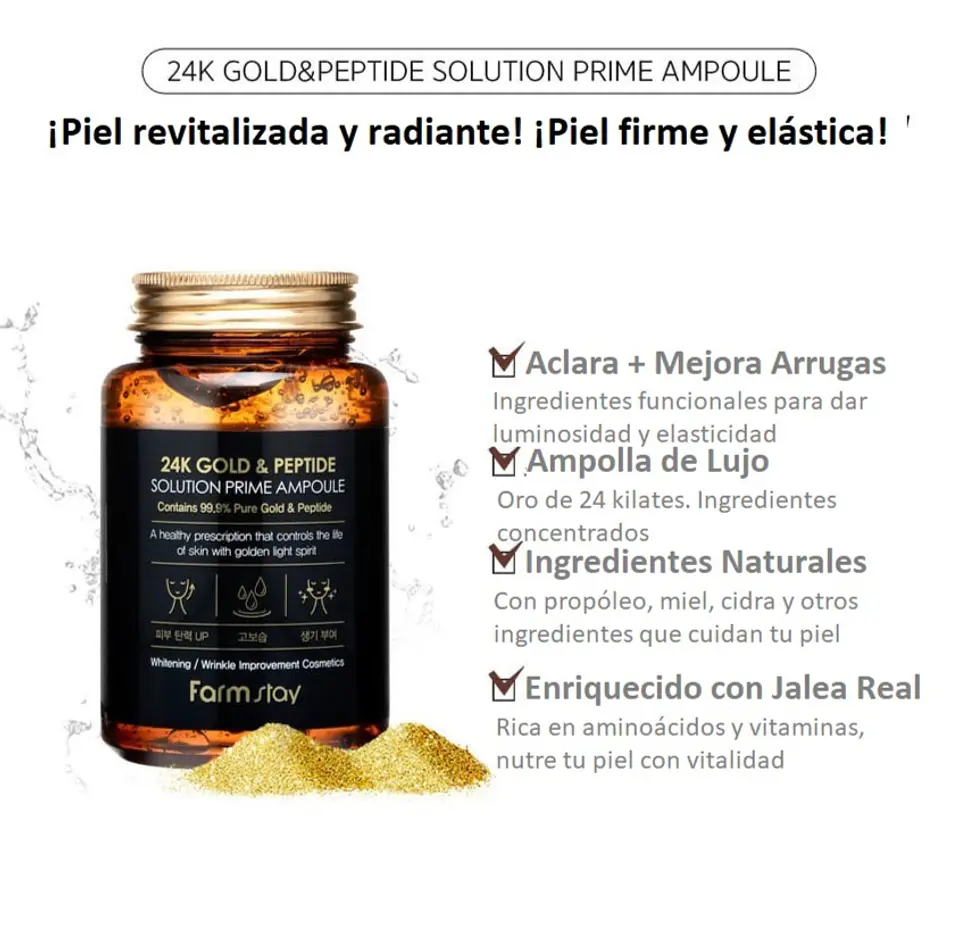 PRÓXIMAMENTE 24k Gold & Peptide Solution Prime Ampoule (Farm Stay) - 250ml Serum antiedad con oro y péptidos tamaño grande 4