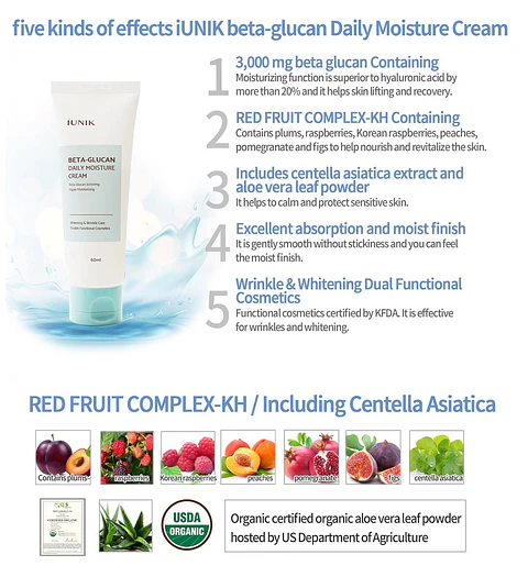 Beta Glucan Daily Moisture Cream (IUNIK) - 60ml Crema hidratante, anti envejecimiento y aclarante 