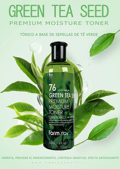 76 Green Tea Seed Premuim Moisture Toner (Farm Stay) - 300 ml Tónico de té verde, con centella asiática, manzanilla y aloe vera  