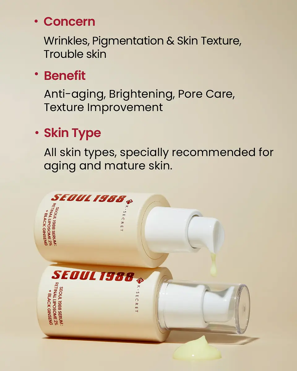 Seoul 1988 Serum: Retinal Liposome 2% + Black Ginseng (K-Secret) - 30ml  Serum antiedad con retinal y ginseng  8