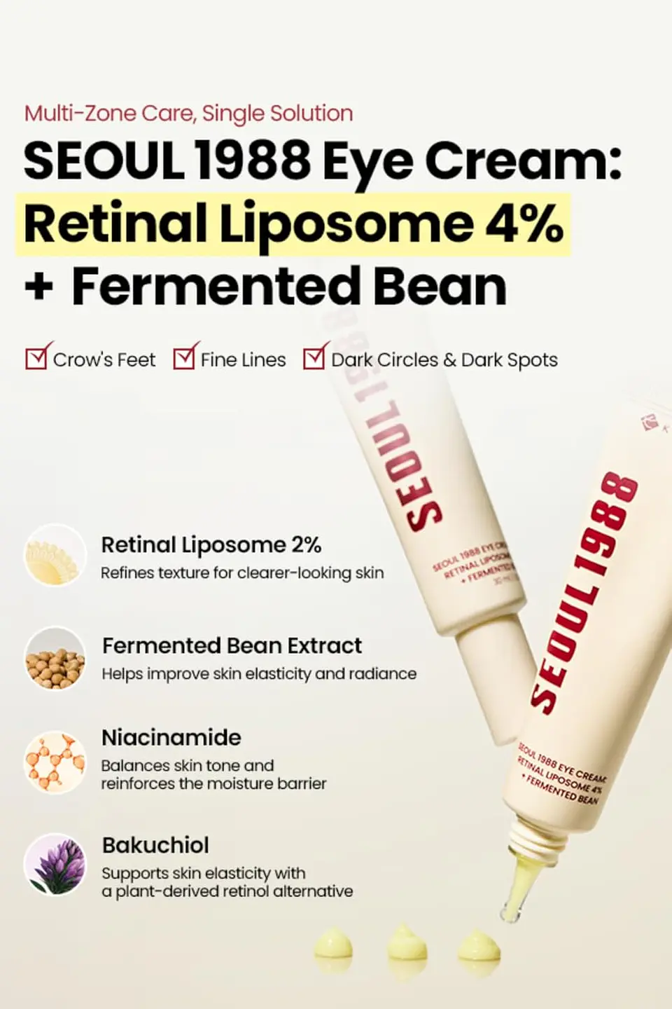 Seoul 1988 Eye Cream: Retinal Liposome 4% + Fermented Bean (K-Secret) -30ml Crema contorno de ojos antiedad con retinal, bakuchiol y péptidos 6