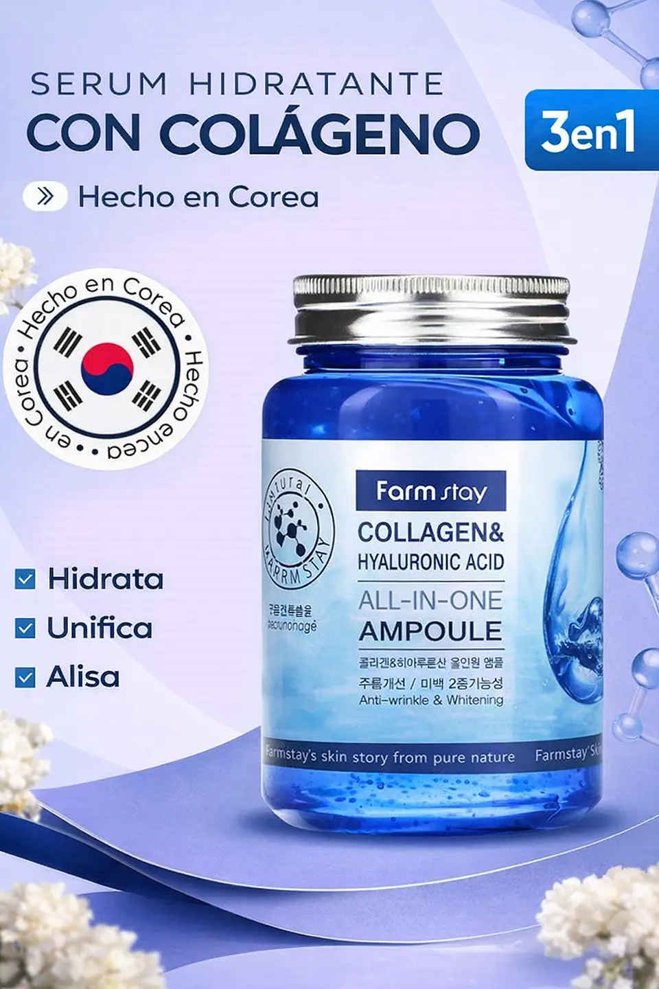 Collagen & Hyaluronic Acid Ampoule (Farm Stay) -250ml Serum colágeno antiarrugas tamaño grande 3
