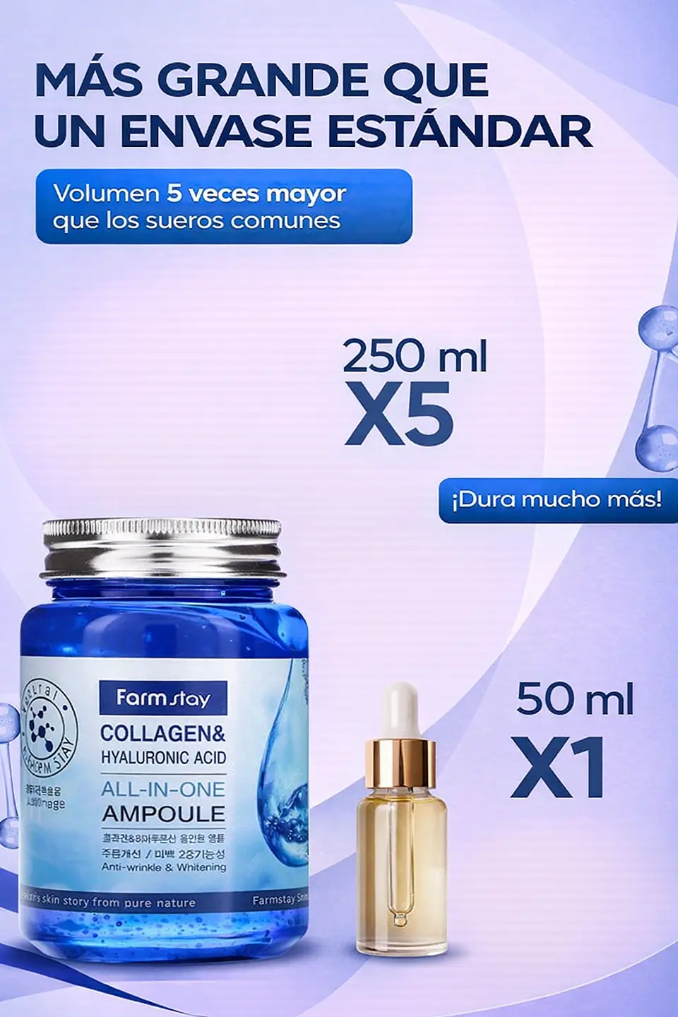 Collagen & Hyaluronic Acid Ampoule (Farm Stay) -250ml Serum colágeno antiarrugas tamaño grande 4