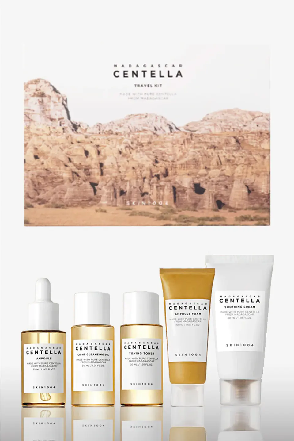 Madagascar Centella Travel Kit (SKIN1004) Set de miniaturas 1 Limpiador oleoso 30ml + 1 Limpiador en espuma 20 ml + 1 Tónico 30ml + 1 Serum 30ml + 1 Crema 30ml 1