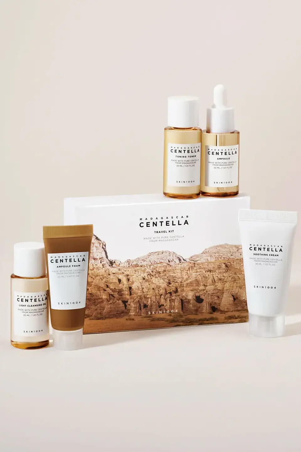 Madagascar Centella Travel Kit (SKIN1004) Set de miniaturas 1 Limpiador oleoso 30ml + 1 Limpiador en espuma 20 ml + 1 Tónico 30ml + 1 Serum 30ml + 1 Crema 30ml 5