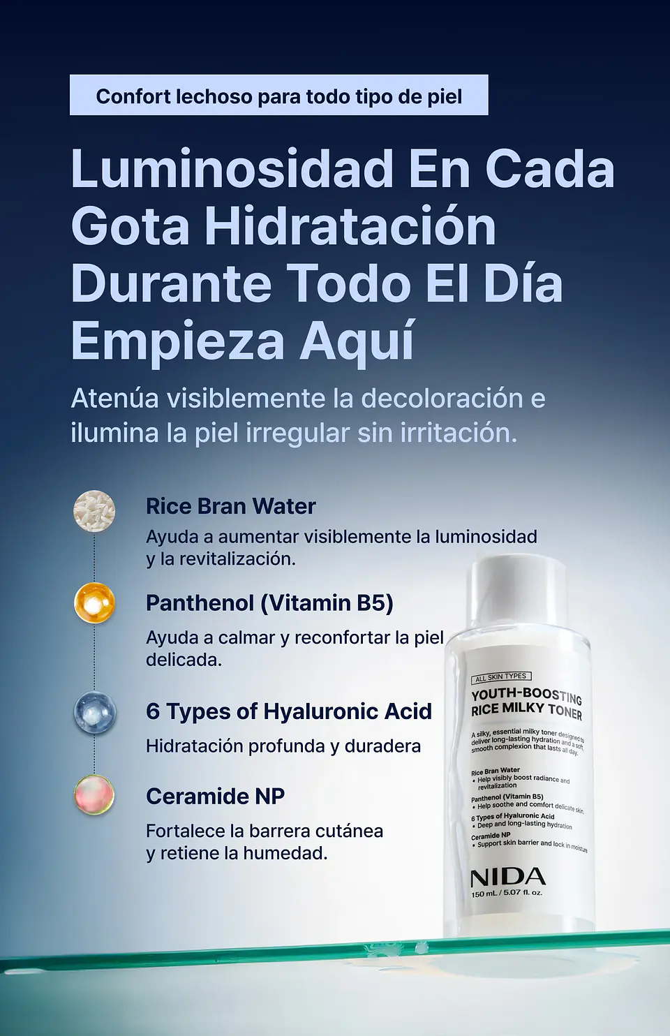 Youth-Boosting Rice Milky Toner (NIDA) - 150ml Tónico aclarante e hidratante con extracto de arroz y niacinamida 4