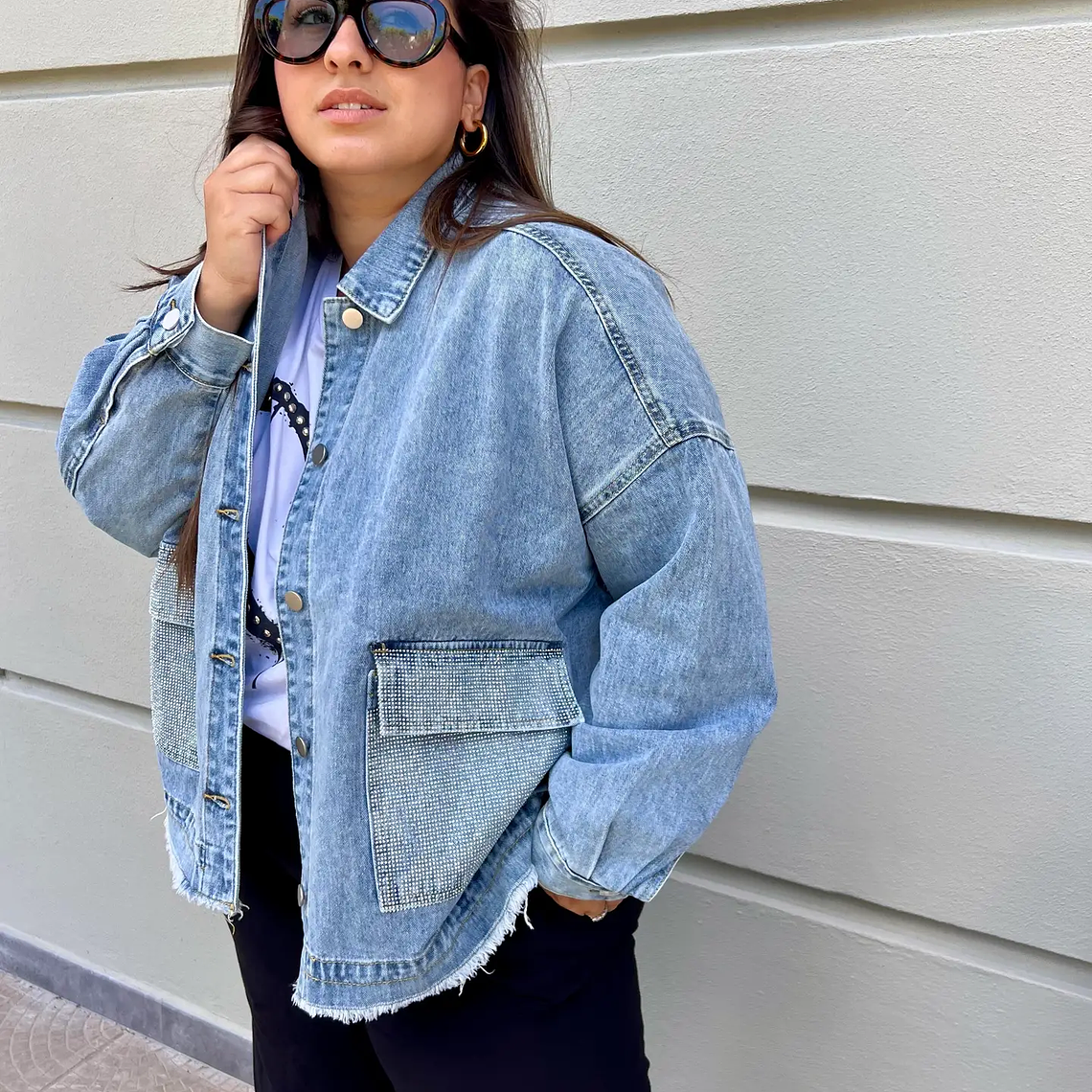 Curvy Denim Jacket with Rhinestones Blue 2