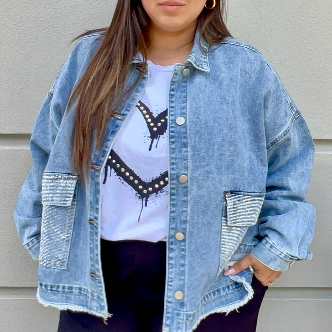 Curvy Denim Jacket with Rhinestones Blue 1